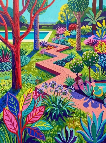 Acrylic Vibrant Garden Path Botanical Landscape