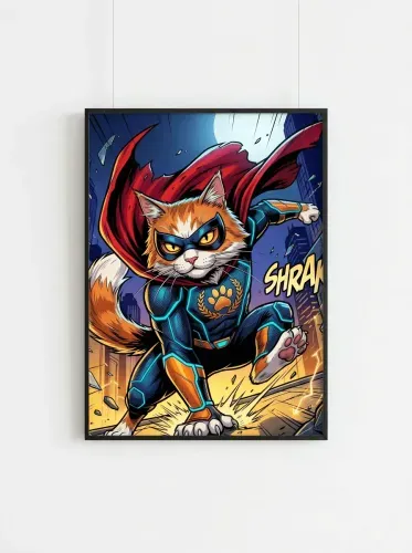 Comic Book Superhero Cat Red Cape Action framed preview