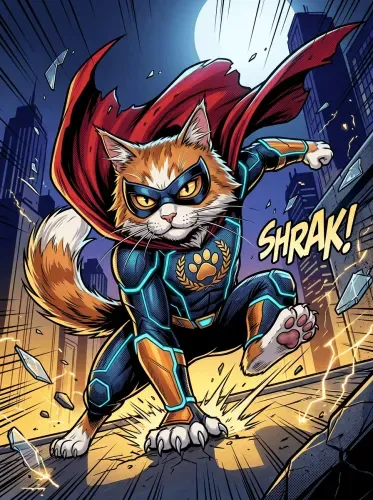 Comic Book Superhero Cat Red Cape Action
