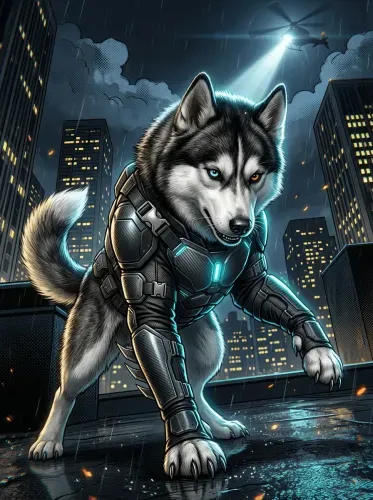 Futuristic Armored Husky Neon Cityscape