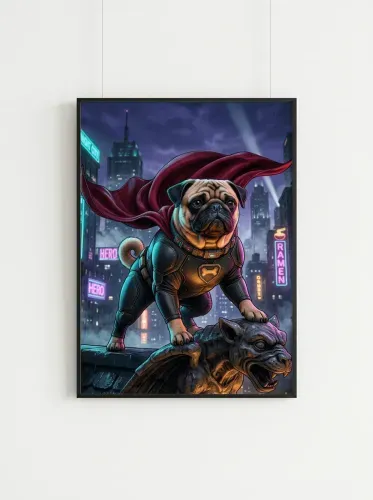 Futuristic Pop Art Superhero Pug Cape framed preview