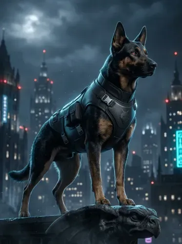 Futuristic Tactical Dog Neon Cityscape