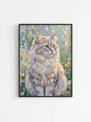 Impressionist Fluffy Cat Wildflower Garden framed preview