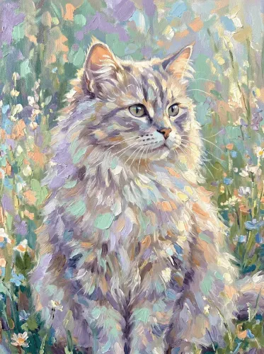 Impressionist Fluffy Cat Wildflower Garden