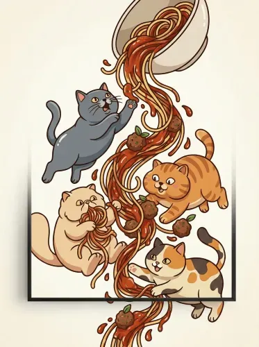 Ink Cartoon Cats Spaghetti Feast framed preview
