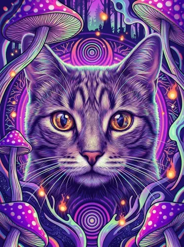 Neon Pop Art Cat Golden Eyes Mushroom