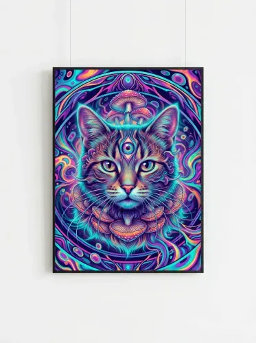 Neon Psychedelic Cat Mushroom Crown framed preview
