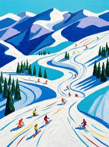 Oil Paint Alpine Ski Resort Landscape