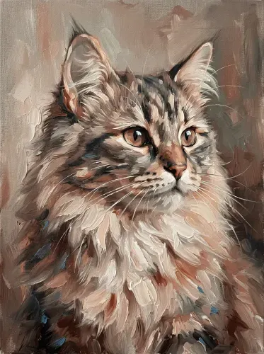 Oil Paint Fluffy Cat Golden Eyes Portrait