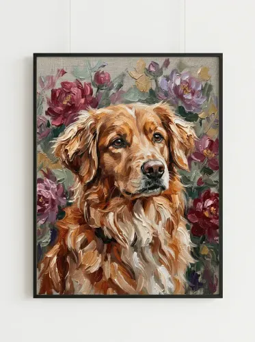Oil Paint Golden Retriever Floral Garden Portrait framed preview
