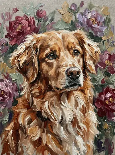 Oil Paint Golden Retriever Floral Garden Portrait