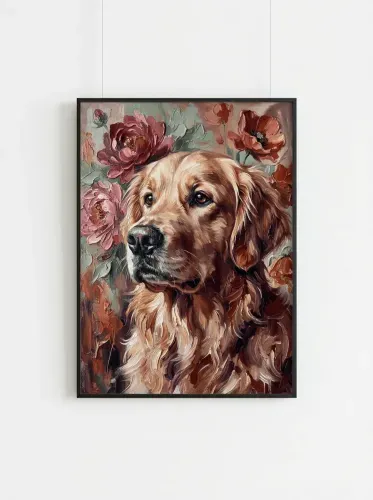 Oil Paint Golden Retriever Peony Florals framed preview