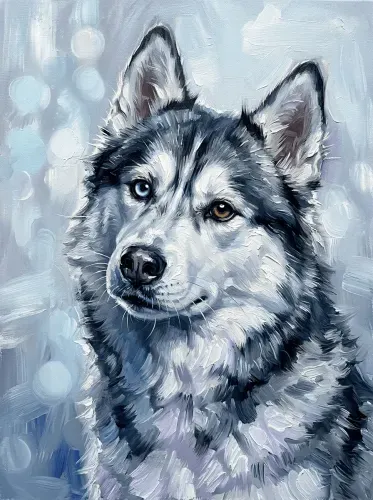 Oil Paint Husky Portrait With Piercing Eyes