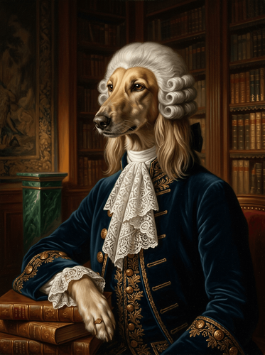 Oil Painting Aristocratic Dog Powdered Wig Portrait
