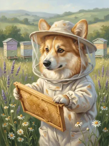 Oil Painting Beekeeper Corgi Lavender Field