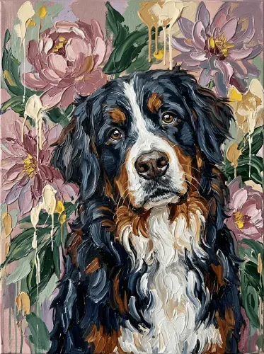 Oil Painting Bernese Mountain Dog Floral Portrait