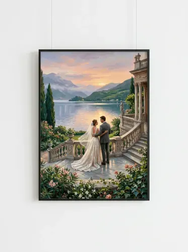 Oil Painting Bride Groom Lakeside Terrace framed preview