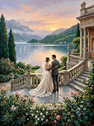 Oil Painting Bride Groom Lakeside Terrace