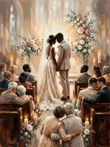 Oil Painting Church Wedding Ceremony Roses