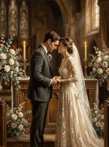 Oil Painting Church Wedding Vows Couple