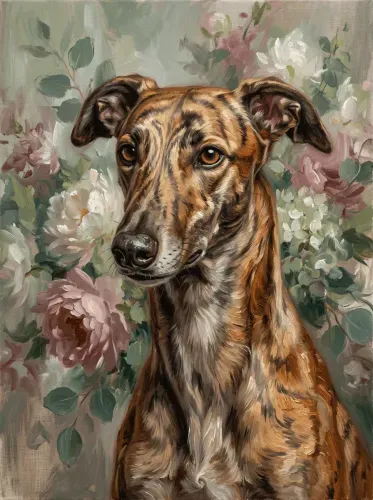 Oil Painting Dog Floral Garden Portrait