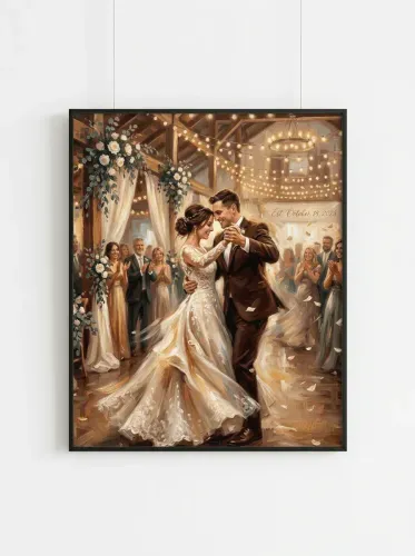 Oil Painting First Dance Wedding Barn Reception framed preview