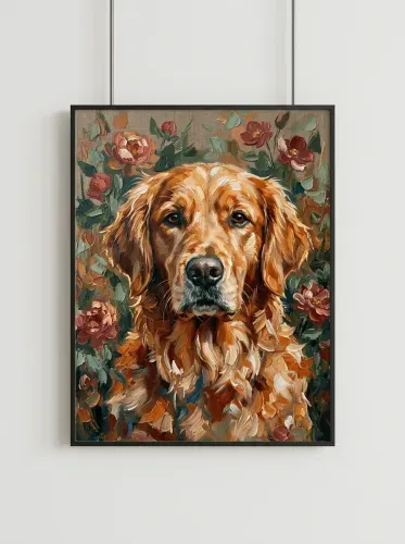 Oil Painting Golden Retriever Floral Garden Portrait framed preview