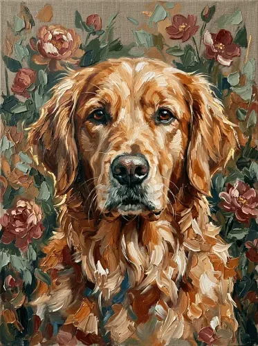 Oil Painting Golden Retriever Floral Garden Portrait