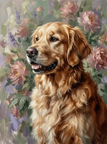 Oil Painting Golden Retriever Floral Garden