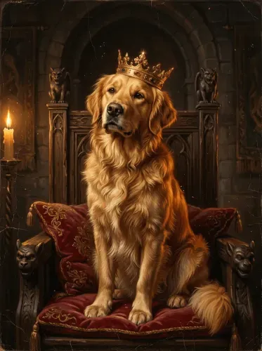Oil Painting Golden Retriever Royal Crown Throne