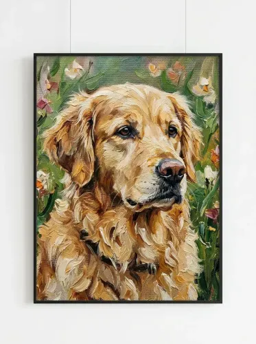Oil Painting Golden Retriever Wildflower Garden framed preview