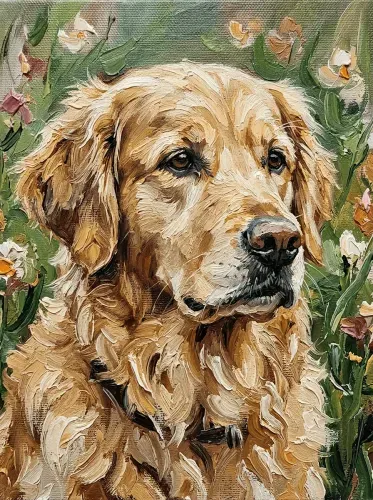 Oil Painting Golden Retriever Wildflower Garden