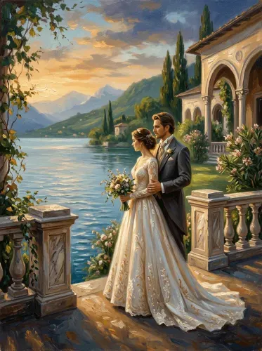 Oil Painting Lakeside Wedding Couple Sunset