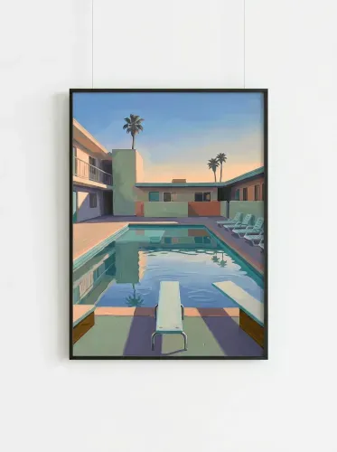Oil Painting Midcentury Palm Pool Courtyard framed preview