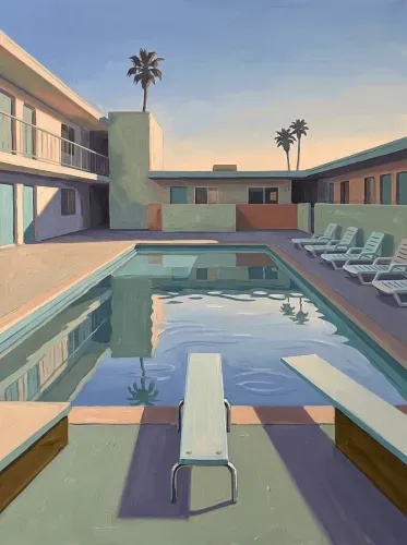 Oil Painting Midcentury Palm Pool Courtyard