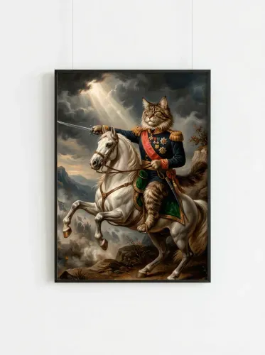 Oil Painting Regal Feline General Mounted Sword framed preview