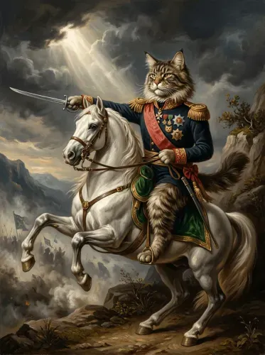 Oil Painting Regal Feline General Mounted Sword