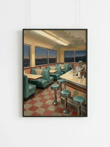 Oil Painting Retro Diner Interior Sunset framed preview