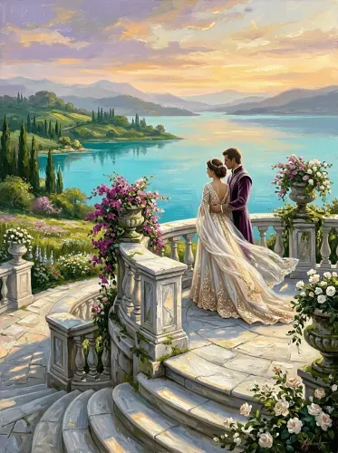 Oil Painting Romantic Lakeside Couple Portrait