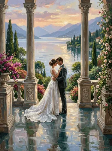 Oil Painting Romantic Wedding Couple Lakeside