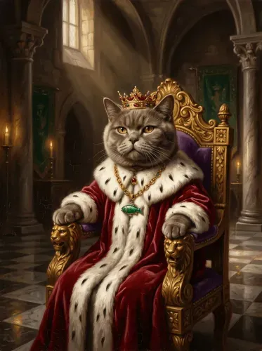Oil Painting Royal Cat Crown Throne