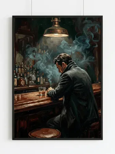 Oil Painting Solitary Bartender Moody Tavern framed preview