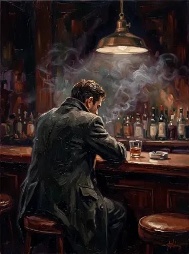 Oil Painting Solitary Bartender Noir Portrait