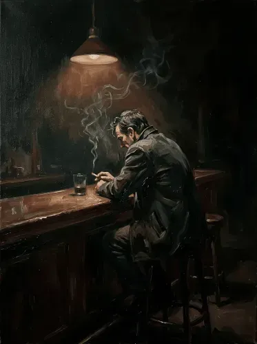 Oil Painting Solitary Smoker Bar Portrait