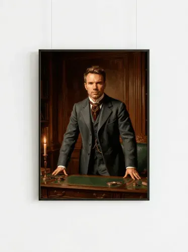 Oil Portrait Gentleman Burgundy Cravat Library framed preview