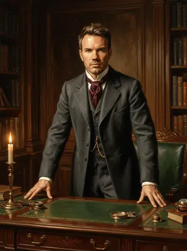 Oil Portrait Gentleman Burgundy Cravat Library