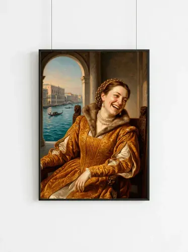 Oil Portrait Laughing Woman Golden Venetian Gown framed preview