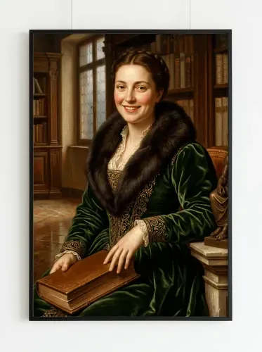 Oil Portrait Woman Emerald Velvet Library framed preview