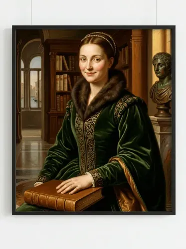 Oil Renaissance Portrait Pearl Headpiece Library framed preview