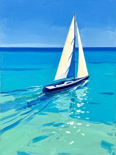 Oil Sailboat Turquoise Waters Seascape